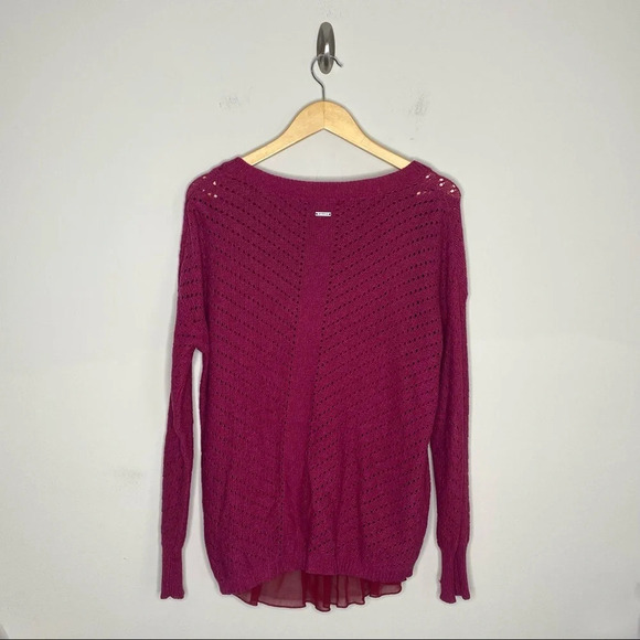 PrAna Plum Red Oversized Chiffon Peplum Underlay Hem Knit Sweater Size Small - Picture 7 of 10
